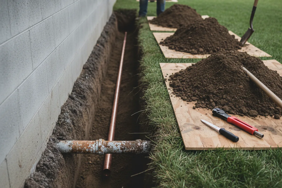 Excavated water line trench during Sewer Line Repair in Dycusburg